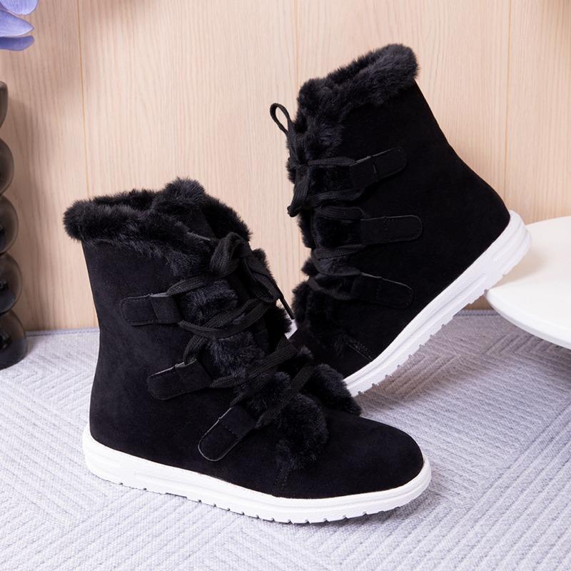 Large Size Snow Boots for Women's Autumn and Winter New Velvet Thickened Lace-up Warm Flat Cotton Boots for Women