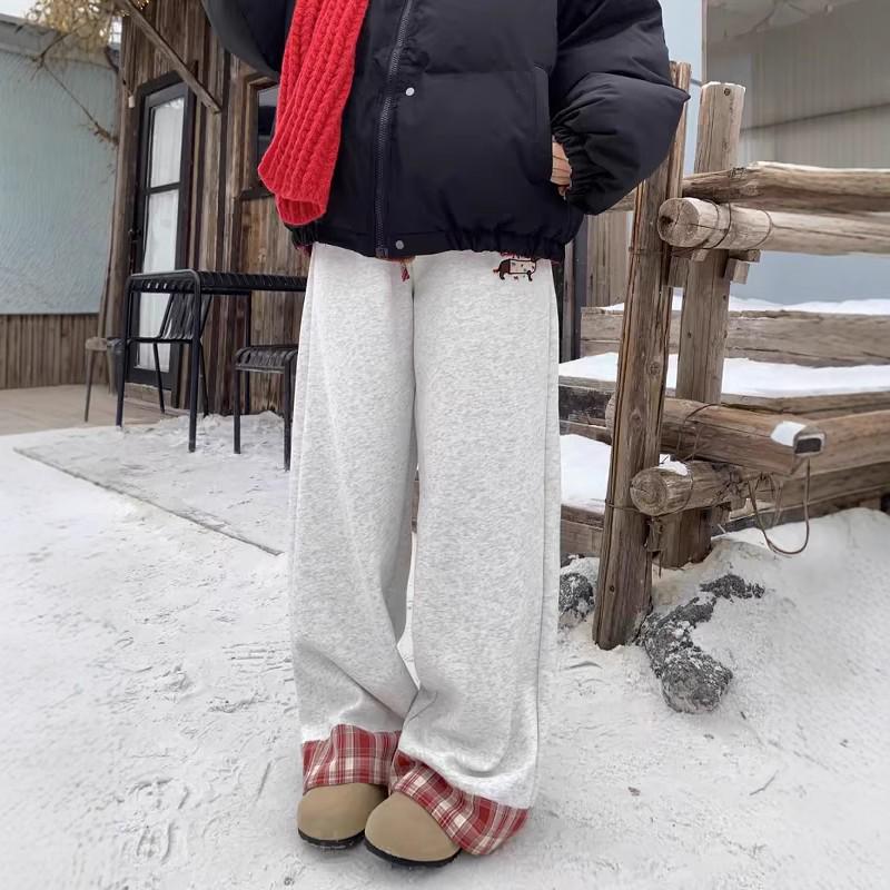 

Women s Retro Patchwork Plaid Sweatpants: Autumn/Winter, Plus Velvet, Loose, Wide Leg, Casual Sports Style. 2XL (130-140 jin) серый