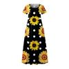 Women's Summer Loose Crewneck Sunflower Print Short Sleeved Large Swing Dress With Pocket