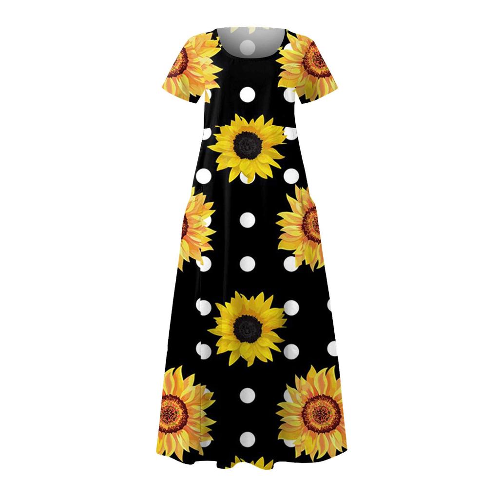 Women's Summer Loose Crewneck Sunflower Print Short Sleeved Large Swing Dress With Pocket