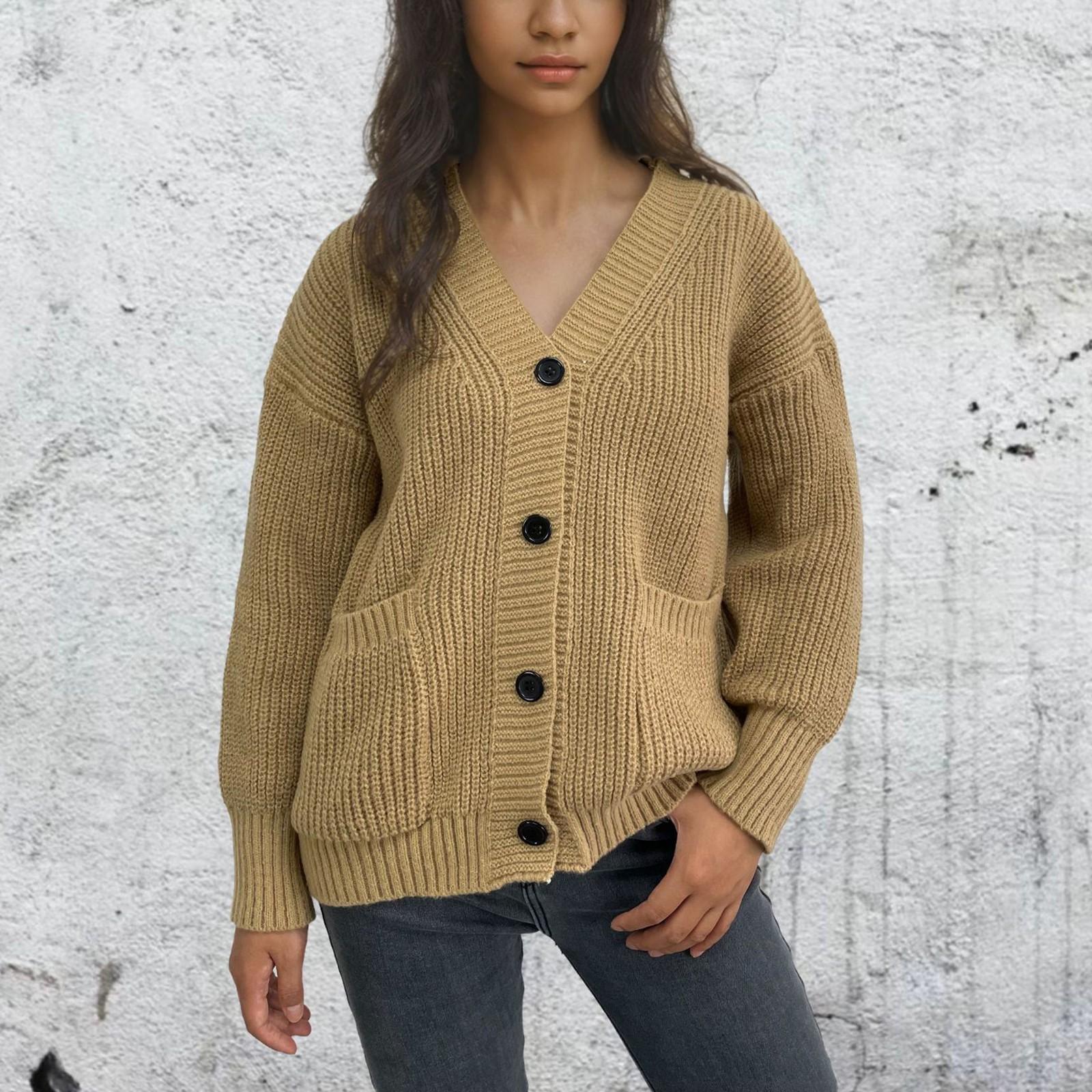 

Женская мода однотонный вязаный кардиган с карманами на пуговицах пальто свитер S хаки