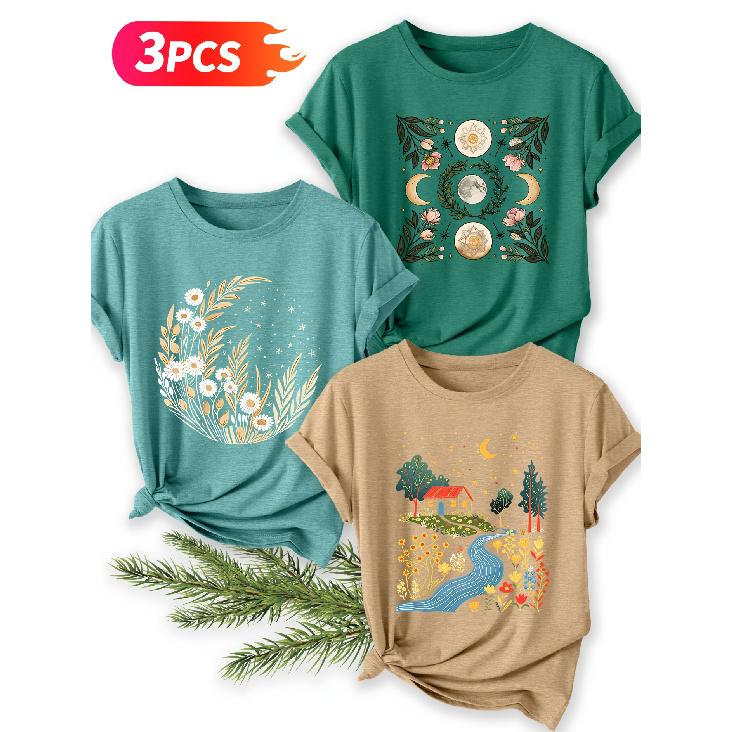 Three-piece Set Starry Moon Countryside Scenery Printed Pattern Short Sleeve Vintage Round Neck T Fresh and Natural Style Loose-fitting Shirt 2026