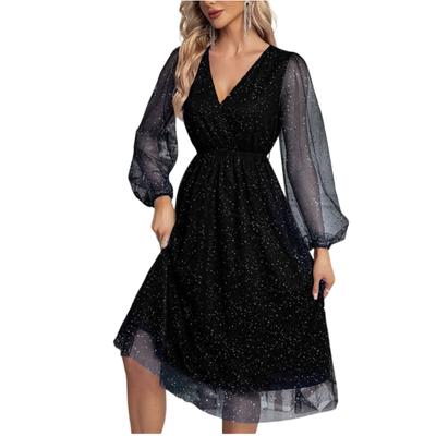 Women's V,Neck Mesh Long Sleeve Stylish Sexy Dress