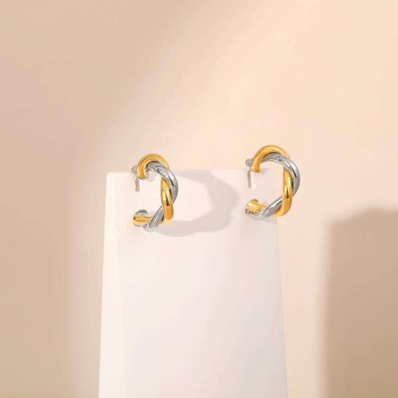 Hiphop Gold Silver Mixed Color Twisted C Shaped Cross Earrings 18k Gold Plated For Women