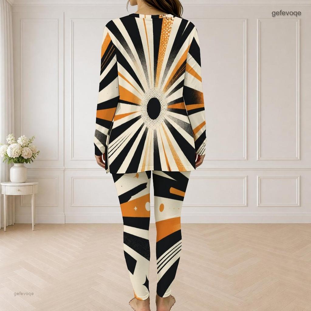 Women Plus Size Half Zip Long Sleeve Radial Geometric Printed Two Piece Set Black White Orange Longline Top Fitted Pants