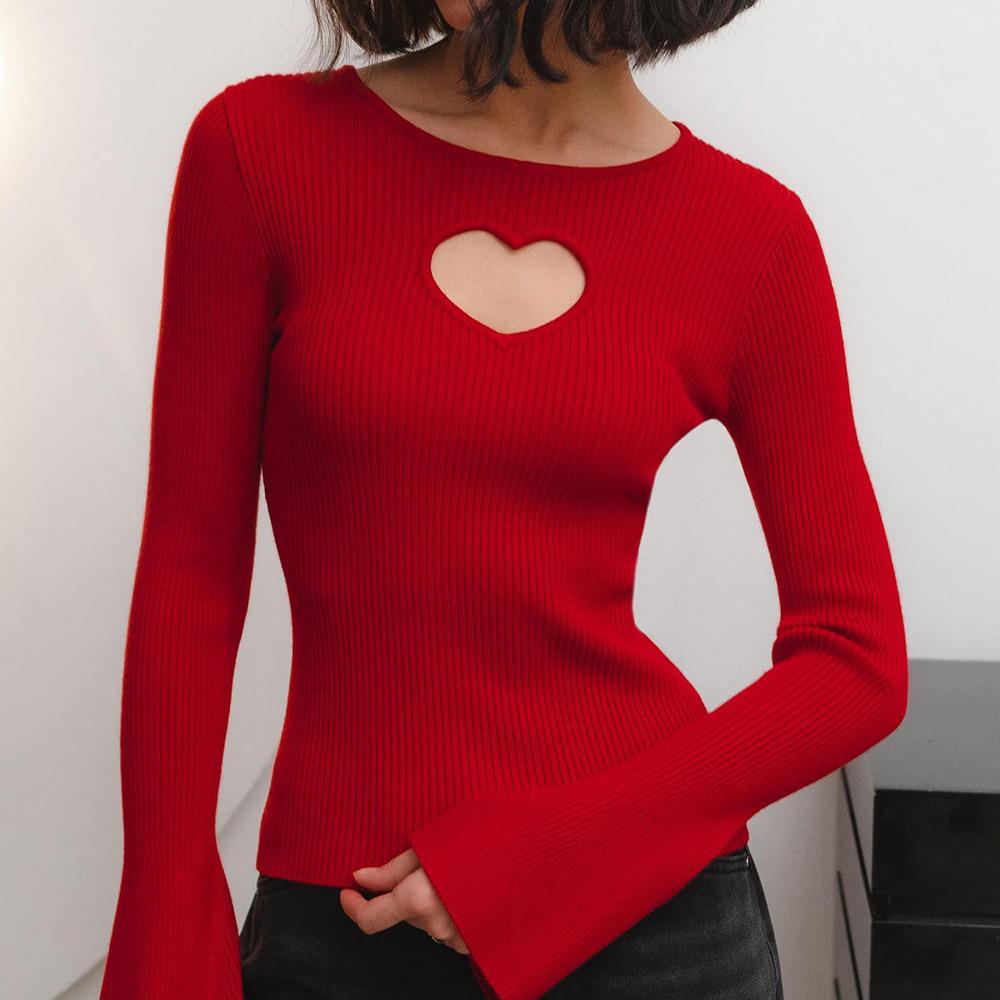 Heart Cutout Long Sleeve Knit Pullover – Slim Fit Sexy Autumn/Winter Top