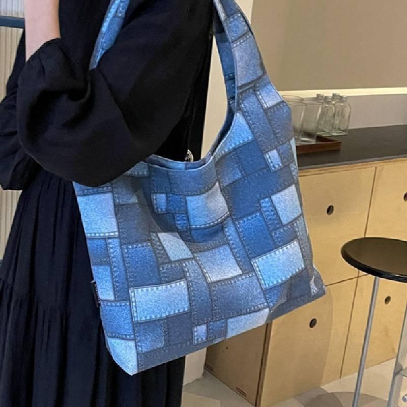 Large Checkered Canvas Tote Bag With Retro White Brown And Plaid Pink Design Street Style Chic