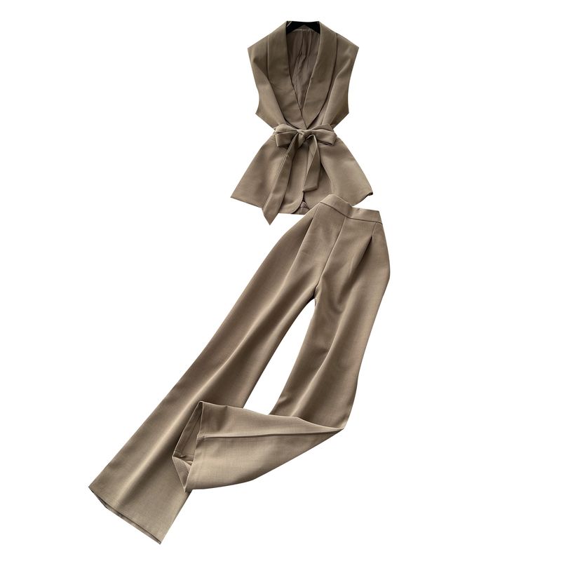 Summer Clothing Commuter Business Suit Women High-Grade Lace-up Waist Hugging Sleeveless Suit Top + High Waist Wide Leg Straight Pants