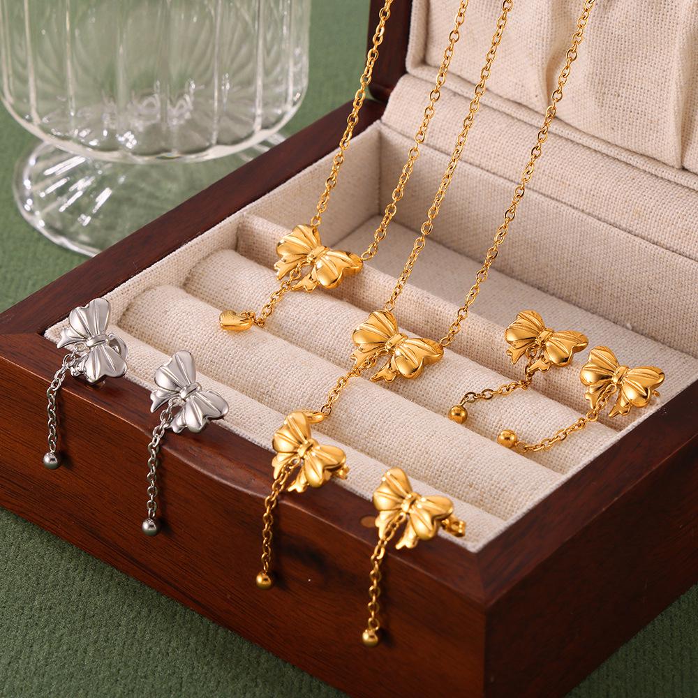 Heart-shaped Tassel Bow Necklace & Titanium Steel Earring Set