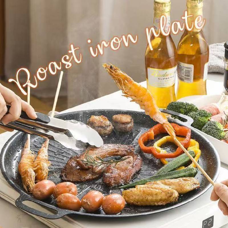 Round Cast Iron Grill Pan For Outdoor Barbecue And Home Use With Sun Pattern Design