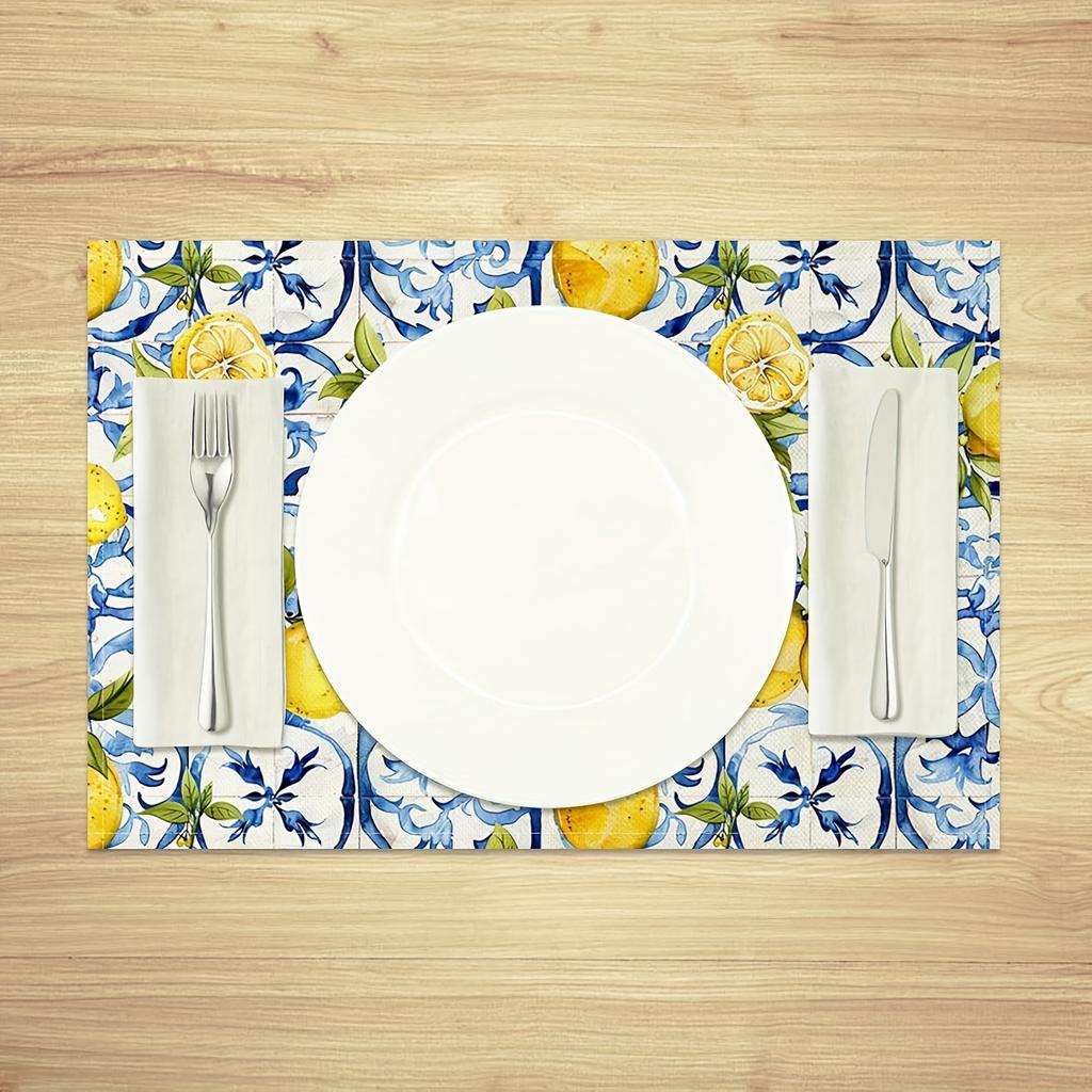 4/6pcs Set of Blue and Yellow Lemon Placemats with Vibrant Fruit and Floral Pattern in Blue Tile. Suitable for Home Kitchen, Restaurant, Party, Indoor