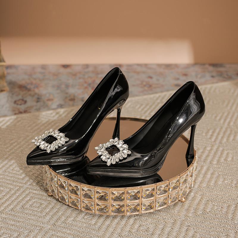 Rhinestone Square Buckle Patent Leather High Heels Women's Pointed Head Thin Heel Waterproof Table Black Temperament Royal Sister Wind Shallow Mouth