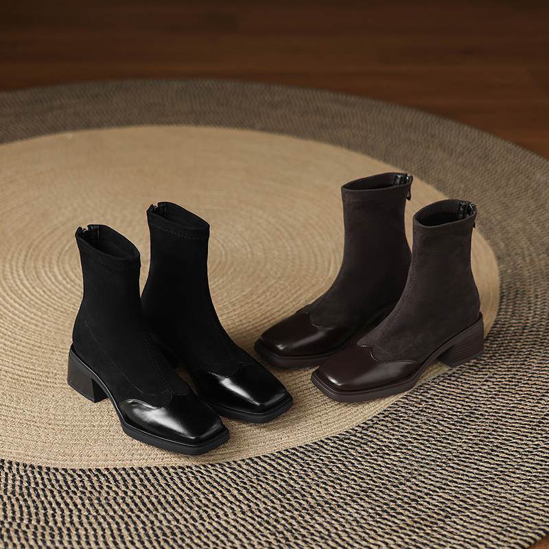 Krazing Pot Microfiber Flock Winter Square Toe Modern Size 33 Boots Size 43 Zipper KPOP Style Fashion Stretch Ankle Boots