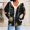 Women Plus Size White Zip Up Hoodie Long Sleeve Halloween Dachshund Printed Drawstring Hood With Pockets