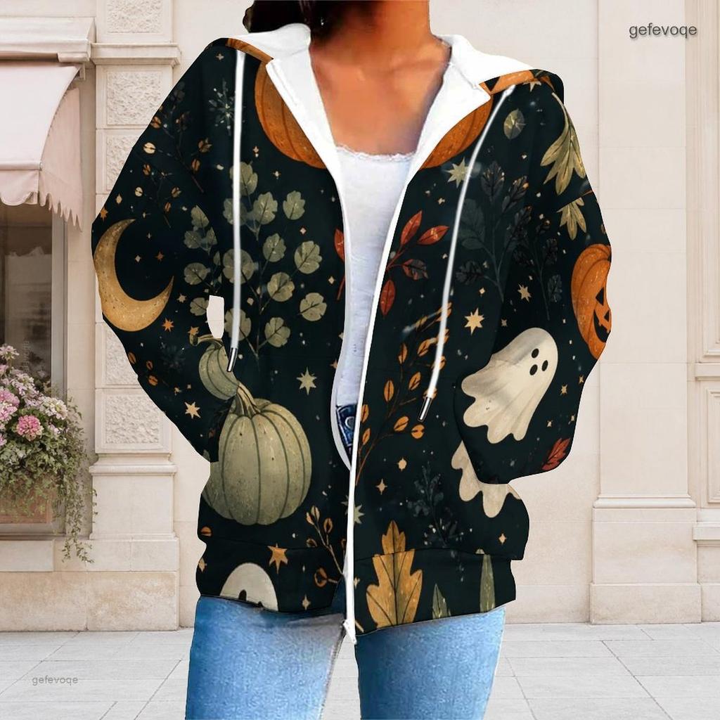 Women Plus Size White Zip Up Hoodie Long Sleeve Halloween Dachshund Printed Drawstring Hood With Pockets