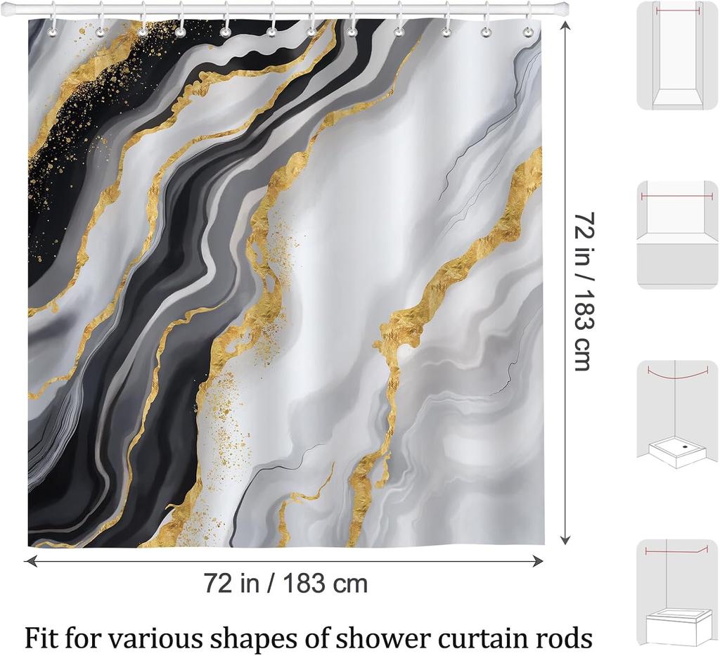 Black And Gold Marble Shower Curtain - Grey Abstract Modern Luxury Decor - Washable Fabric Curtain - Minimalist Bathroom Decor