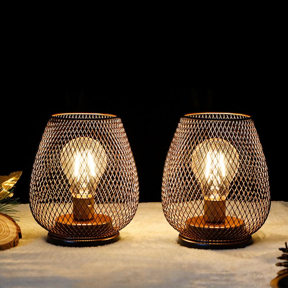 Set of 4 Battery Operated Lamp LED Table Lamp Metal Cage Cordless Lamps with LED Bulb for Indoors Shelf Decor