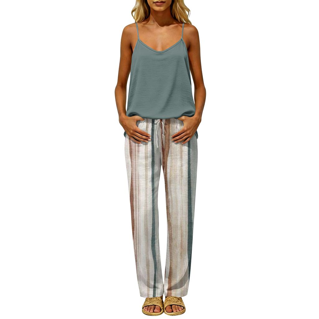 Women's Sleeveless Backless Top and Elastic Waist Pants Set, Color Loungewear