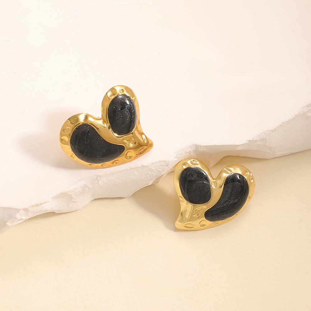 Japan and Korea simple design love stud earrings niche versatile hollow earrings stainless steel dripping oil cold wind women's earrings
