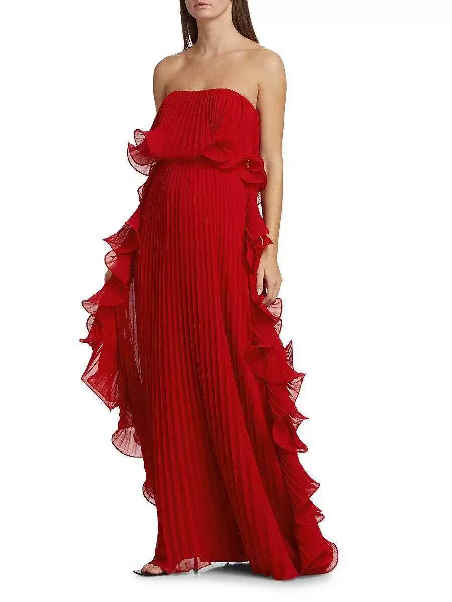 Dames Zomer Vakantiejurk Oranje Geplooide Chiffon Lange Formele Jurken Op Maat Gemaakt Gerimpelde Strapless Strandfeestjurk U99Z XL
