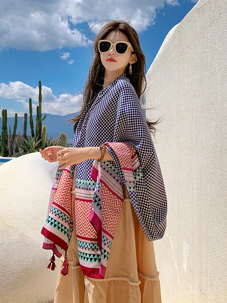 Summer Elegant Women Silk Scarf Beach Wrap Shawls Vintage Plaid Print Lady Sunscreen Bandana Long Hijab Mujer Boho Scarve Pareo