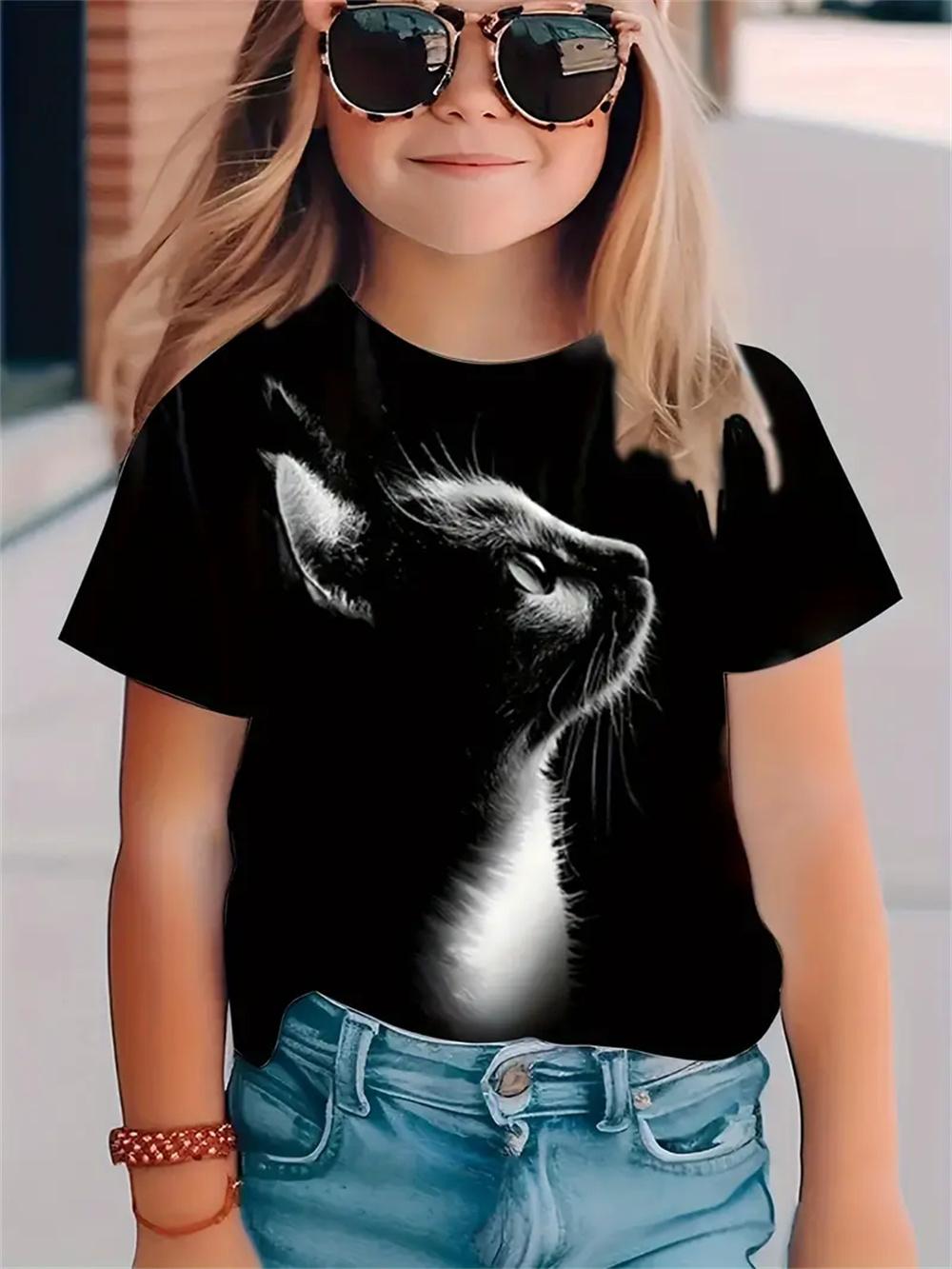 

Смешные футболки для девочек, летний топ с короткими рукавами, мультяшные животные, кот, 3D-принт, 2025, одежда для девочек, модные повседневные футболки 100