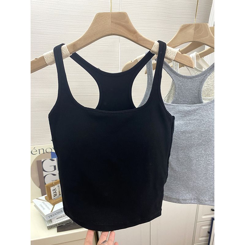 

White with Chest Pad I-Shaped Vest Women Outer Wear Pure Cotton Top Beauty Back Sling Bra Integrated Slim fit Inner wear Base Black Free size (45.00 kg-62.50 kg