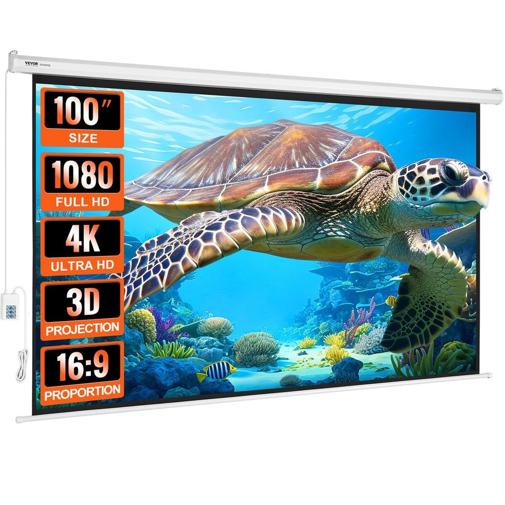 Motorized Projector Screen, 100 inch 16:9 4K 1080 HD Electric Projector Screen, Automatic Projection Screen with Remote Control, Wall Mount Movie