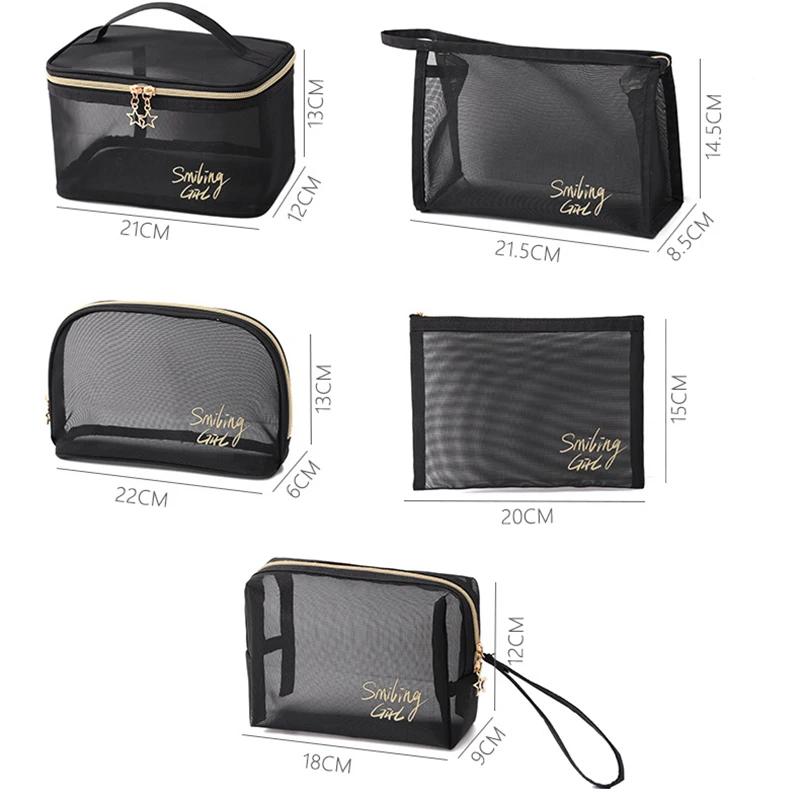 Large-Capacity Black Mesh Makeup Case Organizer Storage Pouch Casual Zipper Toiletry Wash Bags Make Up Women Travel Cosmetic Bag