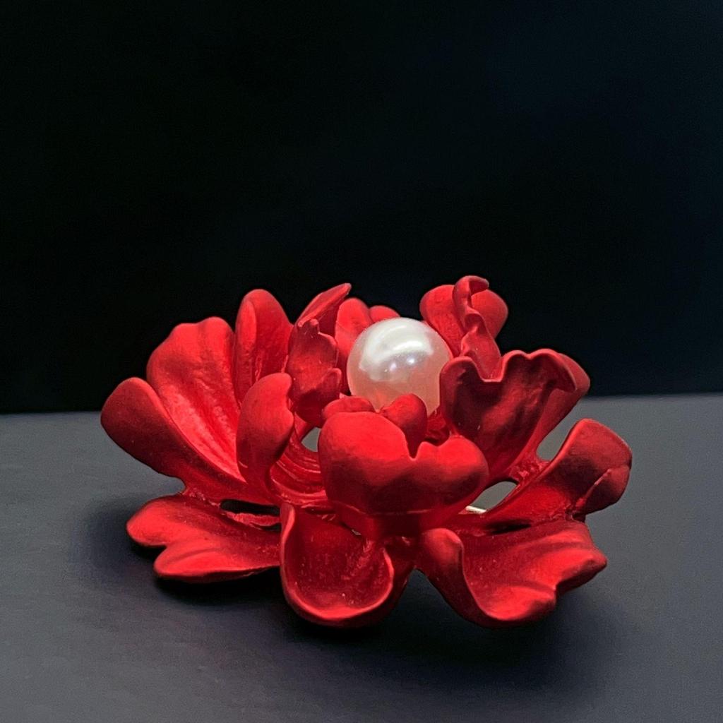 Elegant Red Peony Pearl Brooch - Luxury Vintage Flower Pin