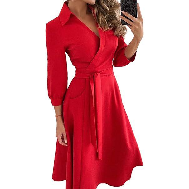 Damen Langarm Maxikleid V-Ausschnitt Knöchellang Langes Kleid Lässiges A-Linien-Kleid mit Gürtel