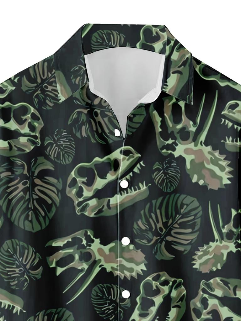 [Gedrucktes Design – Nicht strukturiert] Dinosaurier-Fossilienmuster-Print Herren Freizeit Persönlichkeit Hip-Hop Party Straße Hawaiianisches Hemd, ein Perfektes Geschenk