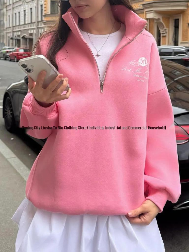 Popularna damska bluza z zamkiem do połowy w stylu amerykańskim - wyszczuplający, oversize top do pracy