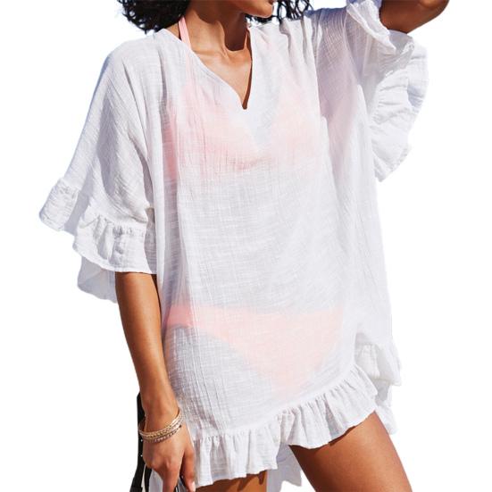 Bikini Cover Up Ruffles V Neck Ladies Elegant Pure Color Sundress for Beach