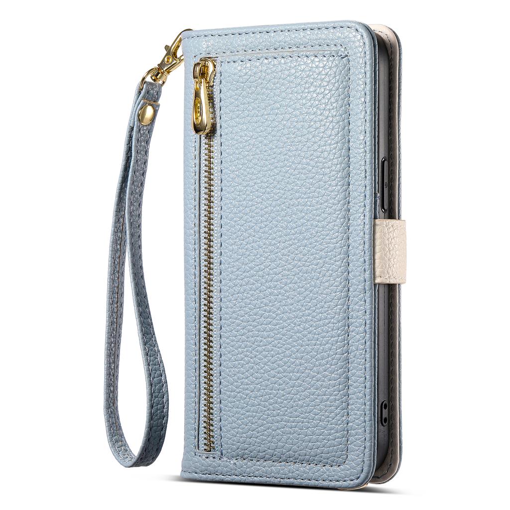 ESEBLE E11 For iPhone 14 Pro Max Case Zipper Pocket Litchi Texture Leather Phone Cover with Mirror and Wrist Strap