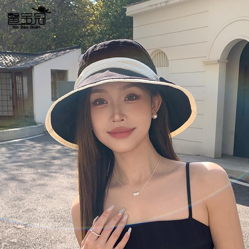 Summer face covering sun protection hat children two-color bow big brim bucket hat premium outdoor sun hat