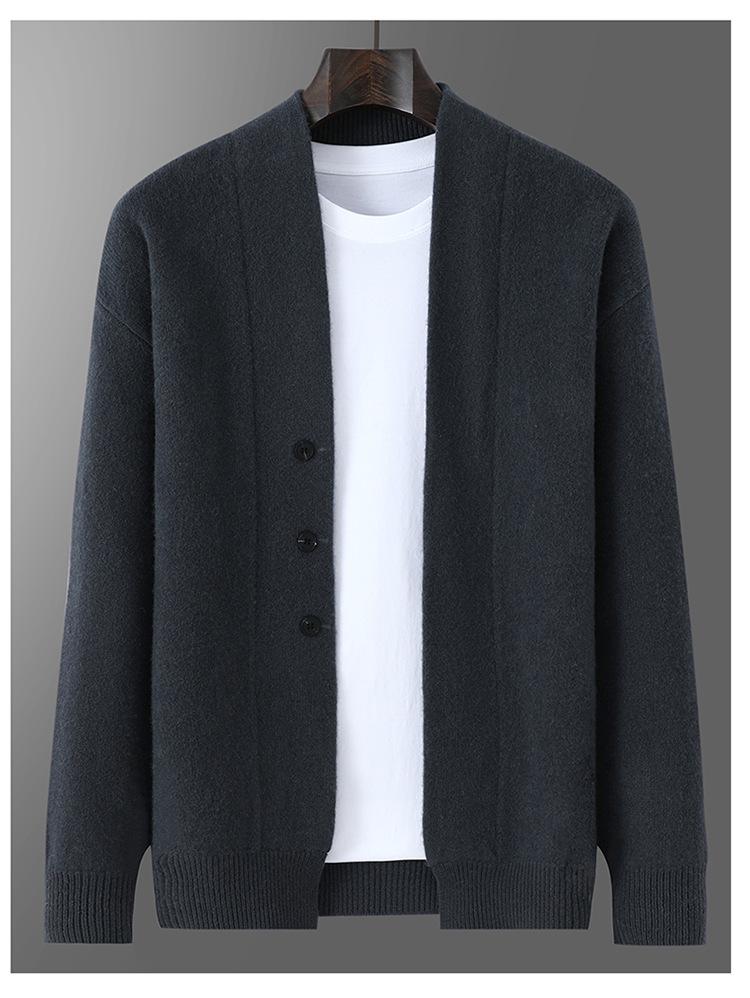 Gruby wełniany kardigan męski - Jednolity kolor, Duży rozmiar, Sweter dzianinowy casual