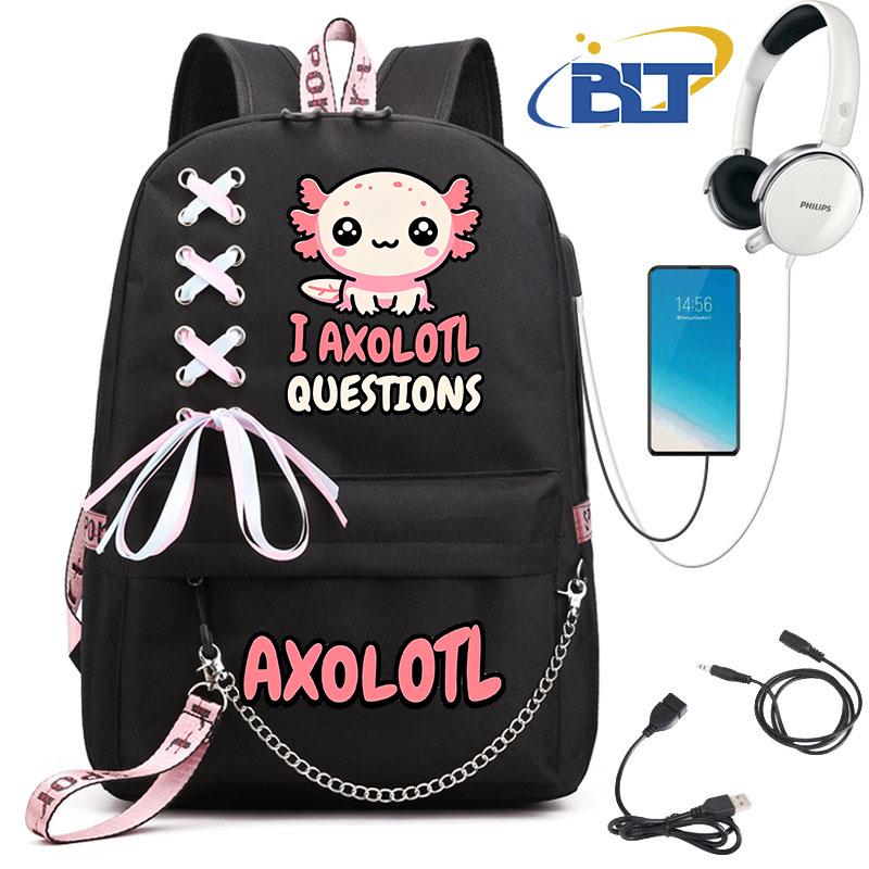 Cute Axolotl Printed Student Schoolbag for Girls Black Backpack Usb Kids Casual Bag Back To School Gift