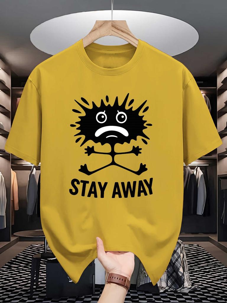 Unisex White Tee Funny Splash Monster Stay Away Letter Graphic Print Crew Neck Short Sleeve Summer Casual Male Cotton Street Top