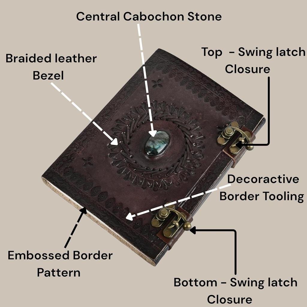 KE KanhaExports Vintage Leather Journal|Dark Brown Embossed Cover|Stone|Metal Lock| (4.25 X 6.25 Inch)
