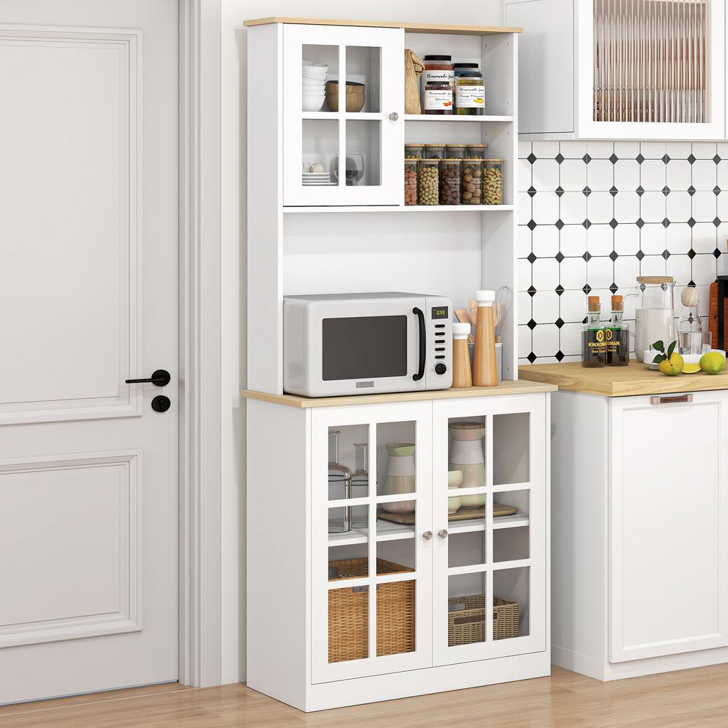 Freestanding Kitchen Cupboard, Storage Cabinet with Doors and Adjustable Shelves, Counter Top, Grid Glass Doors, 80L x 37W x 183H cm - White
