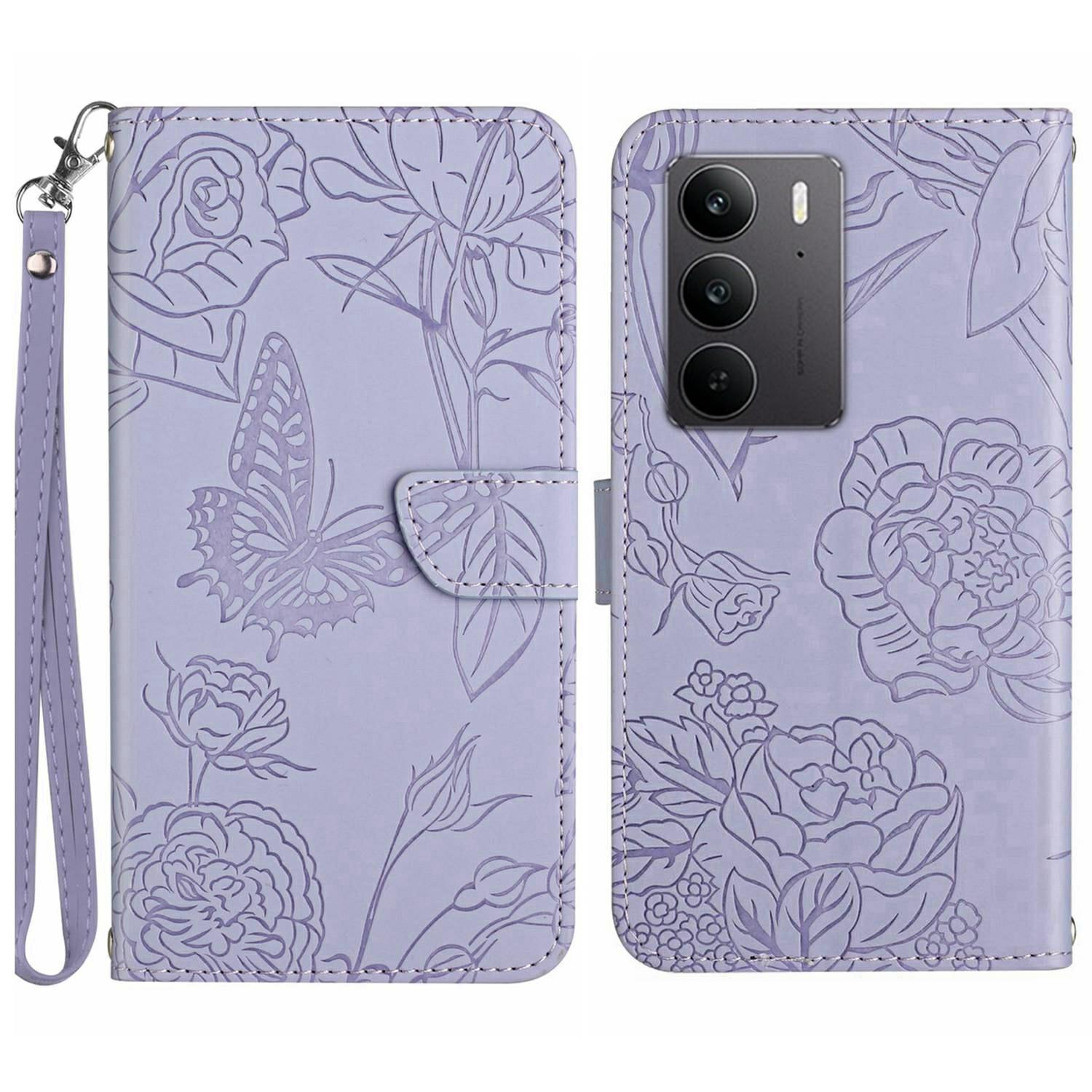 

For Realme C75 4G Case Leather Phone Cover with Strap,Butterfly Flower Imprint Purple