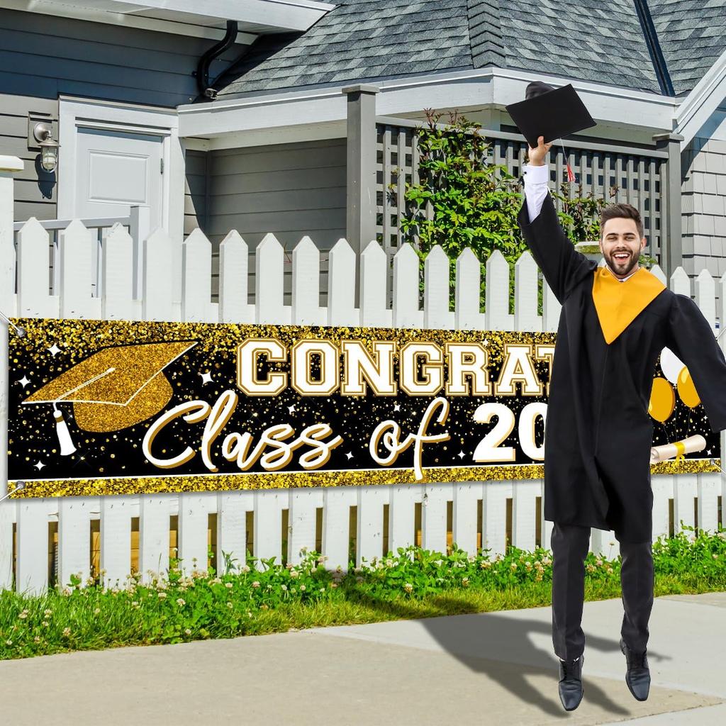 Large Congrats Grad Banner Gold Class of 2026 Banner Backdrop Graduation 2026 Yard Sign for Graduation Party Supplies Graduation Decorations 2026
