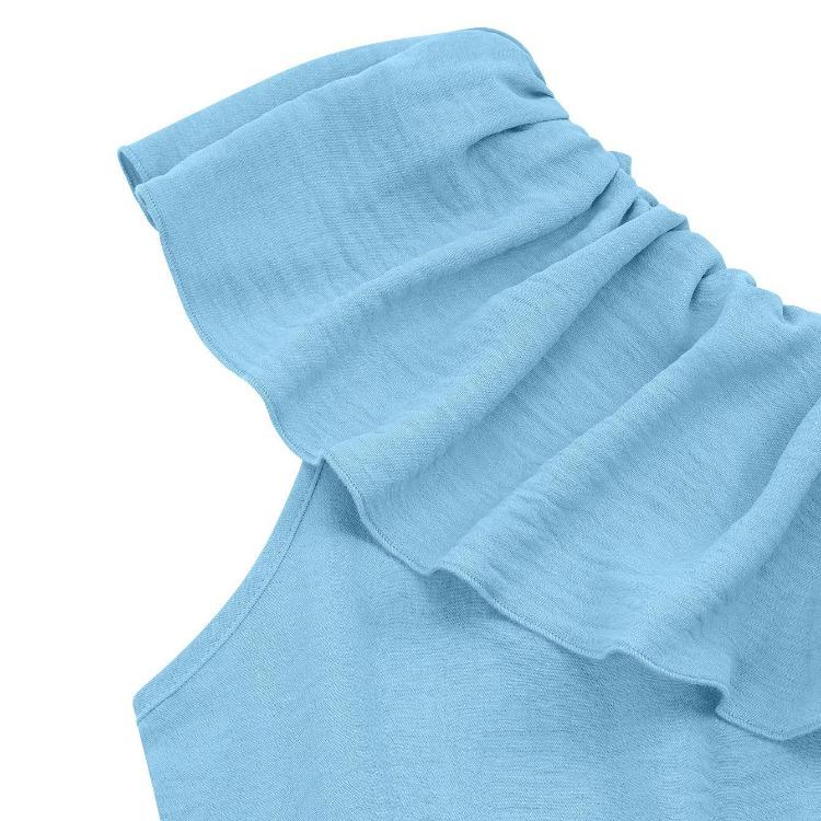 Casual Summer Dress Women Solid Color High Waist Sleeveless A-Line Ruffled Strap Slanted Shoulder Middle Long Dresses Spring S-XL Fashion Trendy