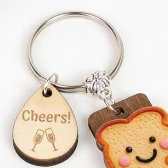 Wooden Toast Keychain with Card Cartoon Bread Slices Key Ring Backpack Schoolbag Hanging Decoration Bag Charm Purse Pendant New Beginnings Gifts