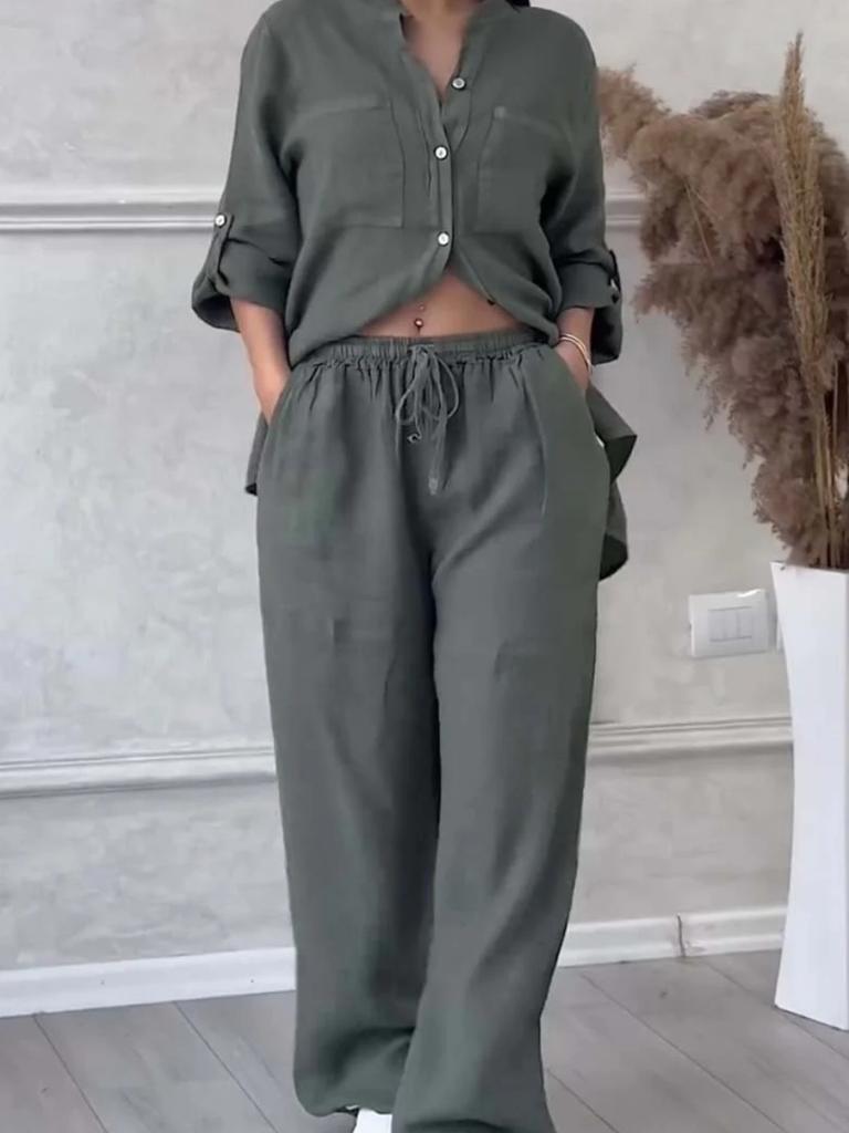 New Women's Solid Color One-Button Long Sleeve Shirt Two-Piece Set Wide Leg Pants with Tie Waist Trousers for Women