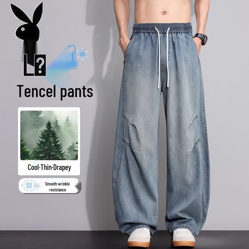 PLAYBOY Men's Tencel Loose Straight Wide-Leg Jeans