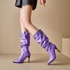 2024 Winter Slouch Boots for Women Shiny Patent Leather Mid Calf Heels Boots Stiletto Purple Green Rose Red Pleated Shoes