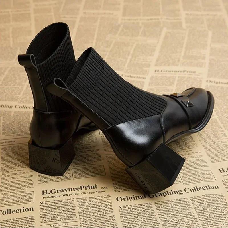 Fashion Square High Heel Women Stretch Socks Boots Fashion Slip On Shoes Retro Style Autumn Winter Square Toe Ladies Short Booties