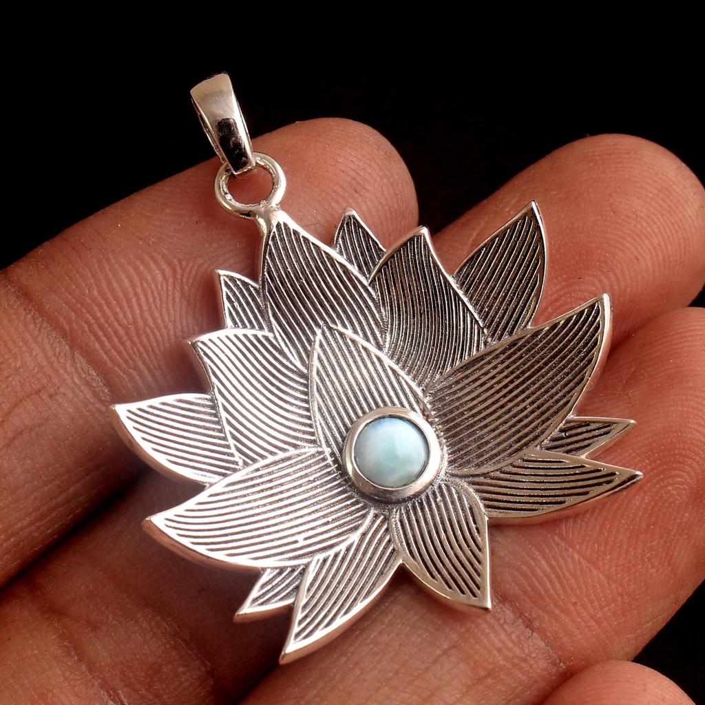 Larimar Moonstone Lotosový přívěsek Solid 925 Sterling Silver Jemné šperky Dámský přívěsek